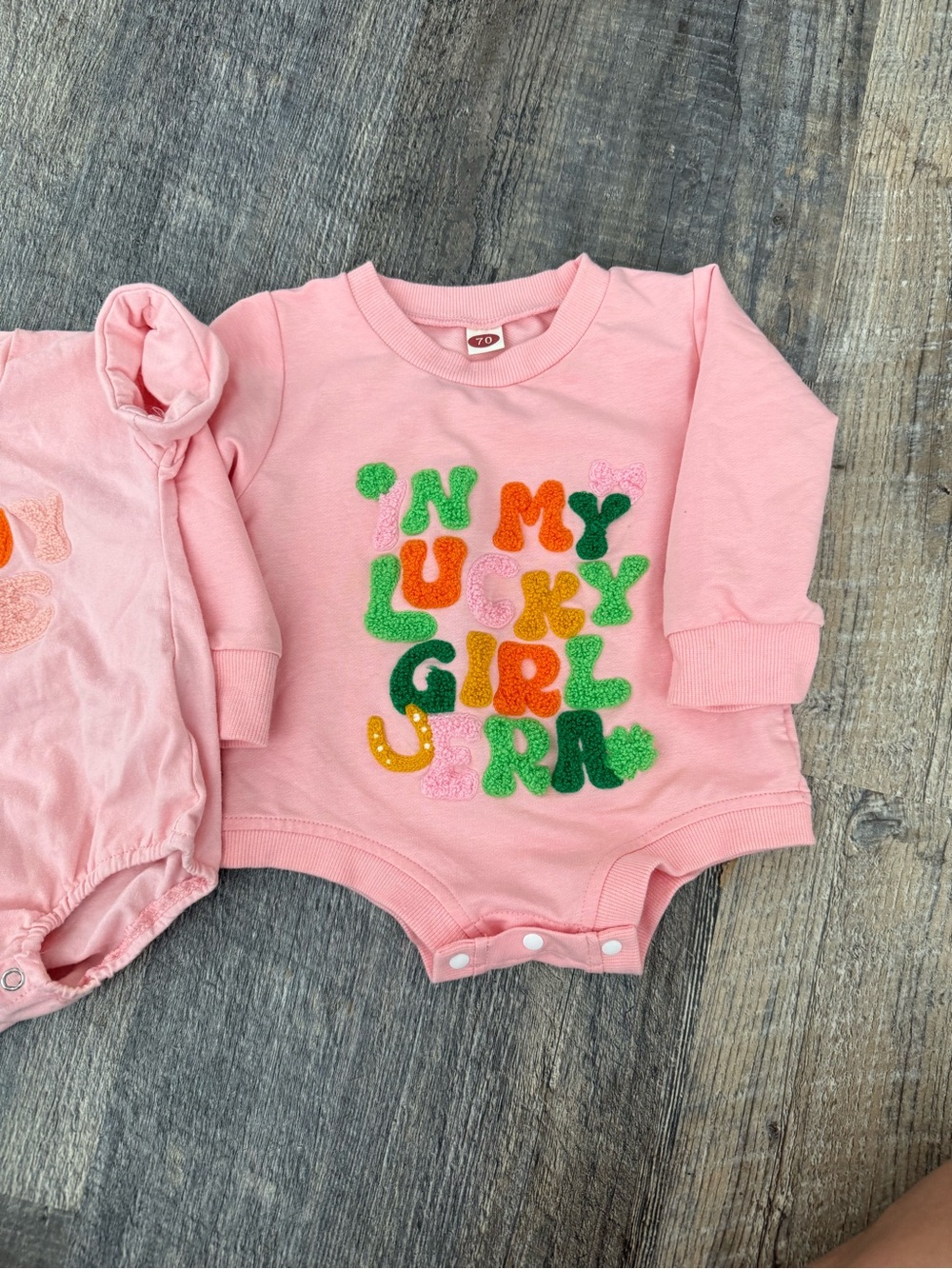 Pink "In My Lucky Girl" and “Bunny Babe” Long-Sleeve One-Piece Bubbles